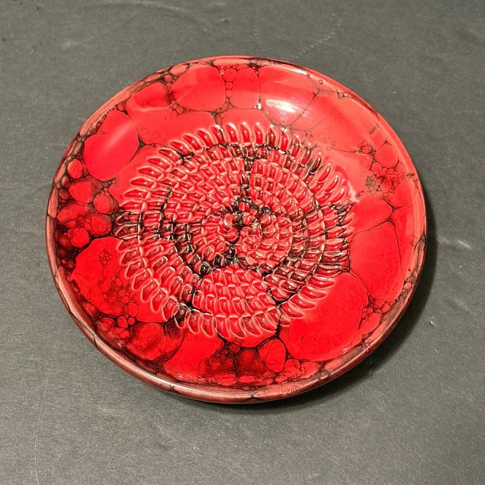 Red Artisan Ceramic Garlic Grater Plate Black Marble Bubble Glaze 4.75 Inch